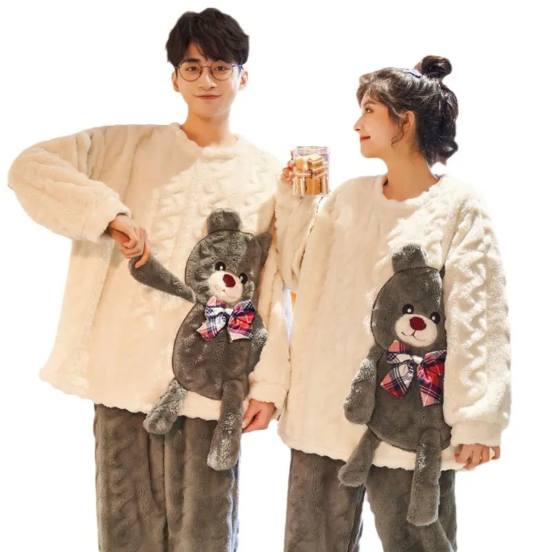 His & Hers Coordinated Plush Coral Fleece Long-Sleeve Winter Pajama Set - Men’s Sleepwear & Loungewear with Double Texture, Luxury Complementary Designs, Soft Men’s Style, Essential for Romantic Getaways & Coffee Dates, Coffee Date
