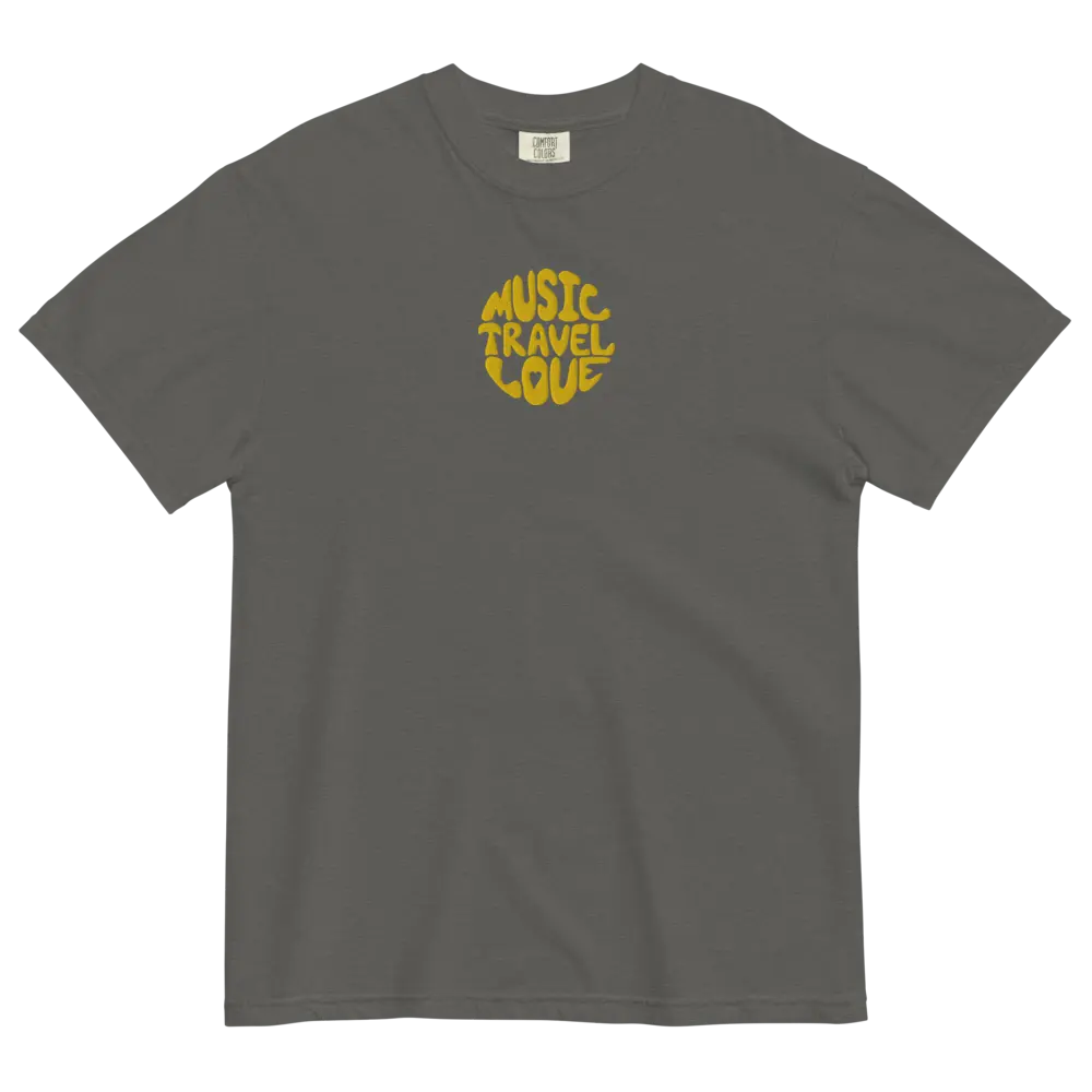 Music Travel Love Retro Embroidered Logo, Charcoal, Green, Cotton, T-Shirt, Relaxed Fit