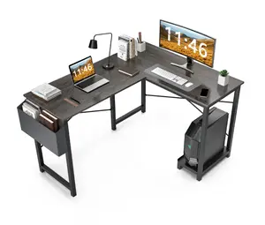 L Shaped Computer Desk with Wooden Desktop CPU Stand Side Bag Reversible, Grey