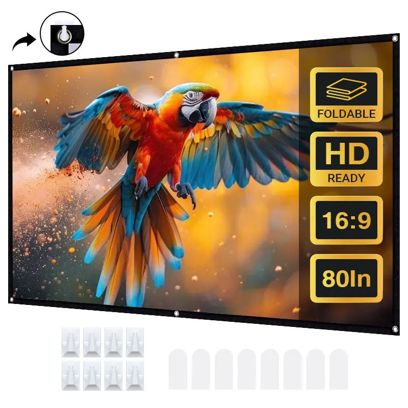 80 Inch Projector Screen 16:9 – Foldable & Wrinkle-Free Movie Screen, 4K HD Ready, 160° Wide Viewing Angle, Indoor & Outdoor Use, Portable Home Theater Screen with Hooks, Summervibes, fathersdaygift