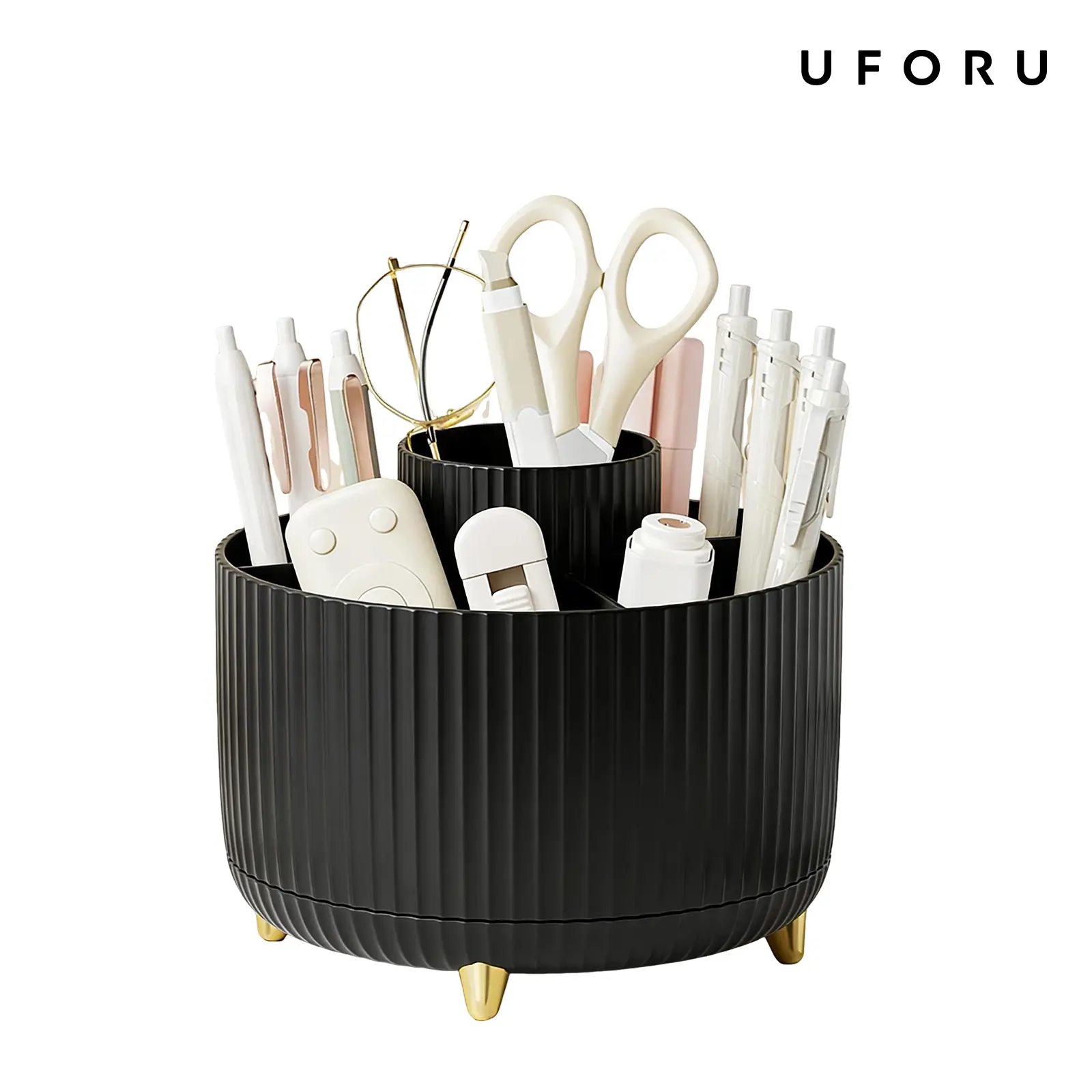 UFORU 360° Rotating Makeup Organizer 5 Compartments Luxury Stripe Cosmetic Brush Holder Multi-functional Desktop Storage Box for Brushes Lipstick Skincare Jewelry Stationery