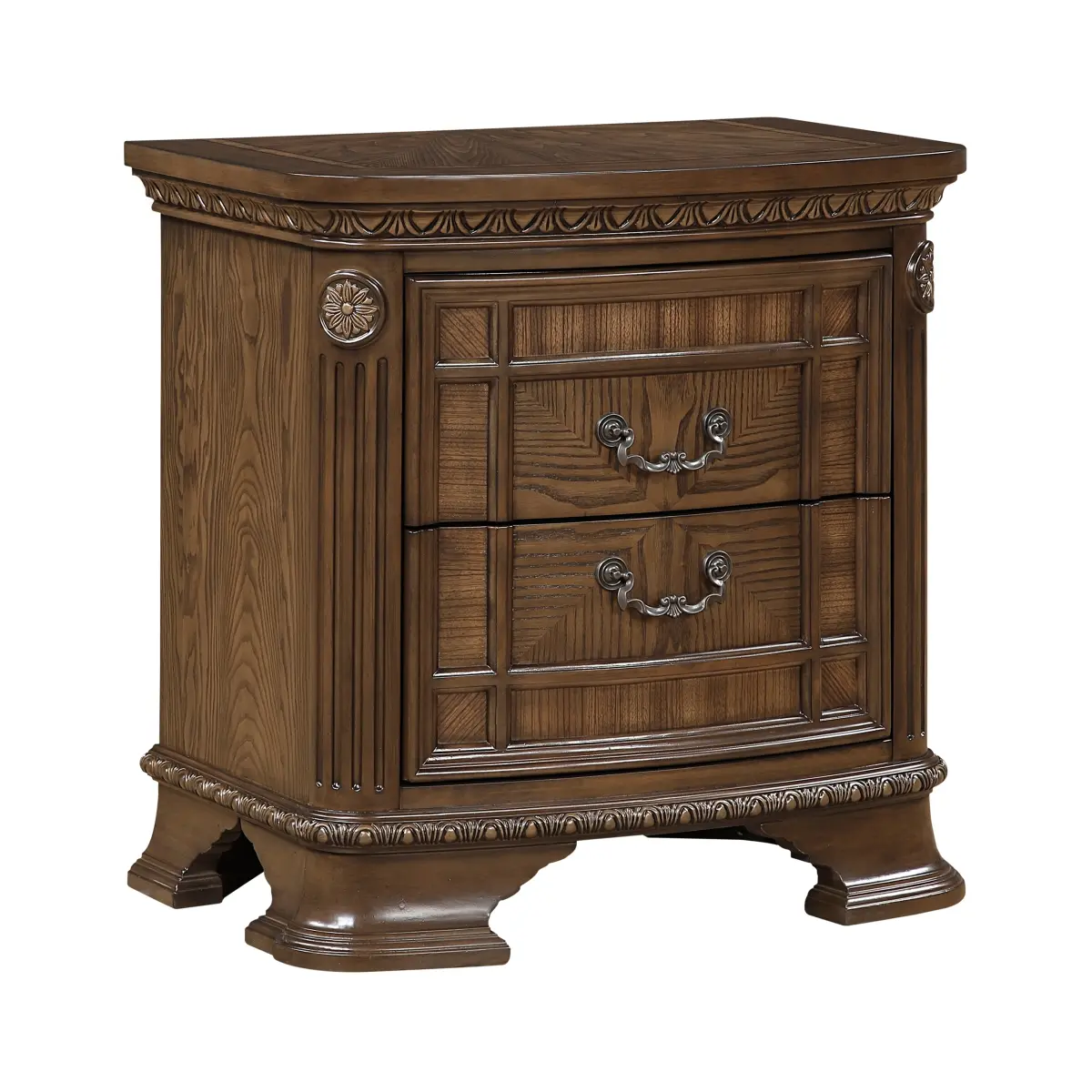 1pc Dark Brown Traditional Antique Zebra-Wood & Ash Veneer Bedroom Nightstand with 2 Drawers, 28"x18"x28", 58.50 lbs, Elegant Design, Storage Bedside Cabinet, Formal Indoor Furniture, Assembly Required, Two Drawers