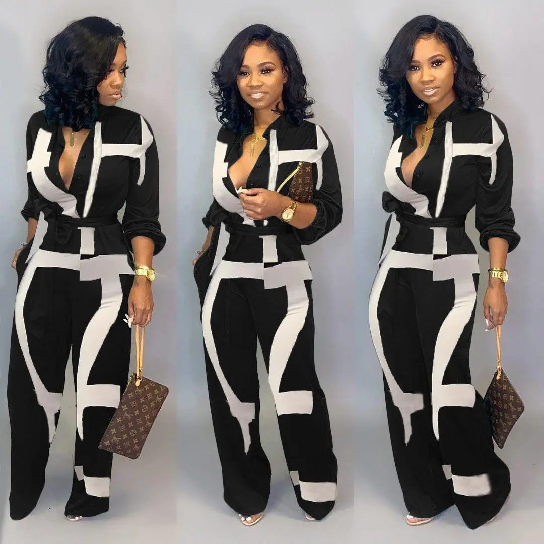 Women's Jumpsuits Elegant Business Casual Button Down V Neck Long Sleeve Strap Straight Long Pants With Pockets