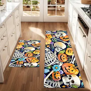 2Pcs Halloween Skeleton Horror Pumpkin Flower Floor Mat Set Farmhouse Kitchen Carpet Decorative Area Rug Restaurant Floor Laundry Room Decor Carpet Mat