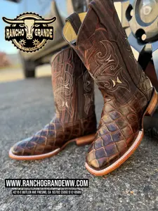 Men's Pescado Fish Botas Vaquera Rodeo Square Toe boots Made in Mexico Premium soft Leather