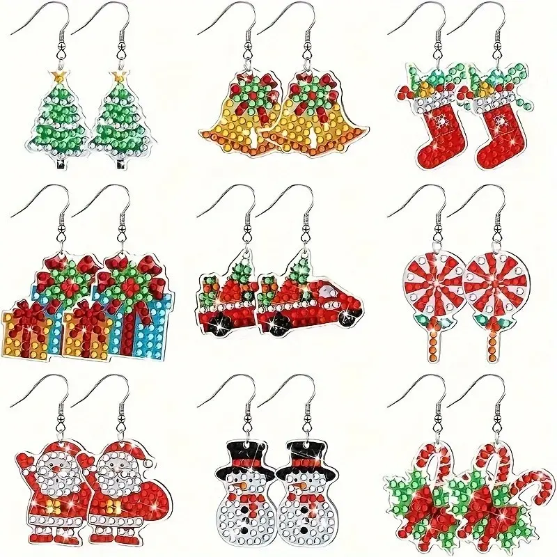 Christmas Theme Diamond Painting Earrings Set, Unique Design, Various Designs, DIY Creative Diamond Art Jewelry, Holiday Gift Idea, Perfect for Festive Season