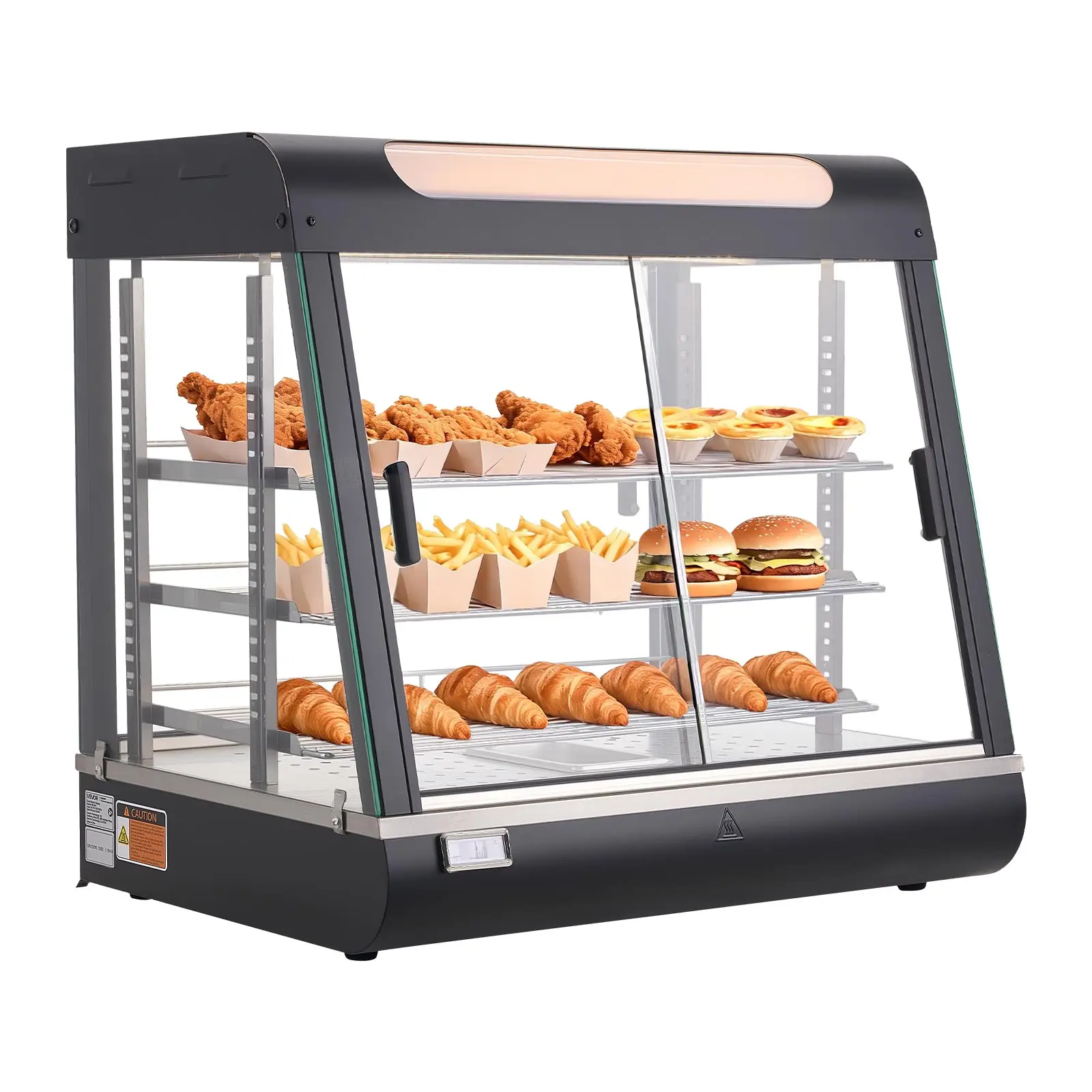 【Summerfinds】VEVOR 3-Tier Commercial Food Warmer Display, 1200W Food Display Warmer with LED Light, Top Storage and Adjustable Shelves, 86℉~185℉ Steam Heating, 106Qt/100L for Hamburger, Pizza, Bread, Fried Chicken