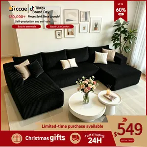 [3 or 2 Packages Shipped] [sectional sofa couch] Niccae U-shaped Modular Sectional Sofa, Compressed Corduroy Fabric, Modern Style Living Room Sofa Bed, Space-Saving Recliner Design - Convertible Corduroy Sectional Sofa