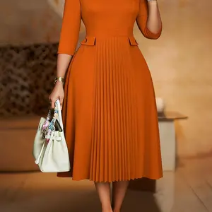 Women Elegant Formal Church Dresses Plisse A Line Modest Classy Pleated 3/4 Sleeves African Office Ladies Party Gowns Autumn New