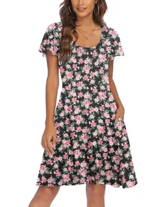 Women's Casual Floral Summer Dress with Ruffle Sleeves Crewneck Flowy Swing Mini Dress with Pockets Bohemian Style Shortsleeve Womenswear