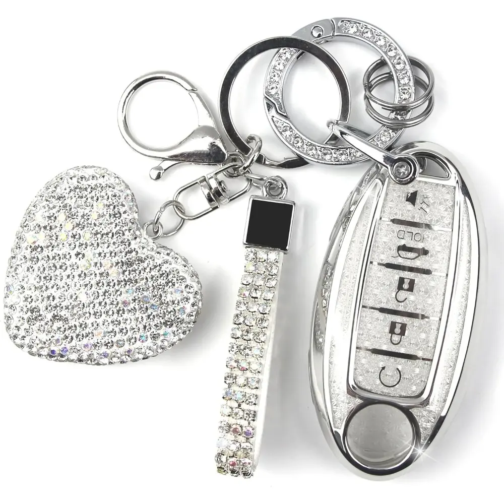 Car Key Cover with Diamond Keychain - Car Key Protector for Nissan 5-Button Models (Altima, Rogue, Sentra) - Ultra Soft TPU, Drop-Proof, Easy-Install, Signal-Safe, Includes Clip (Silver-Heart)