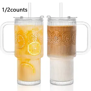 Ribbed & Floral Glass Tumblers with Handle and Lid, Set of 1/2 – Reusable Iced Coffee Cups with Straw, Glass Mugs for Water, Smoothies, Tea, and Juice – Ideal for Travel & Daily Use, Drinkware