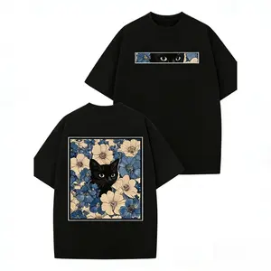 Black Cat Floral Pattern, Fun Print, Vintage tee T-shirt Y2k Style American Street Style Suitable for Both Men and Women To Wear Men Gifts Round Neck Basic