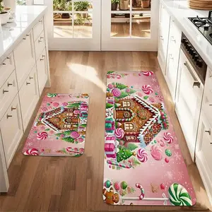 Christmas Candy Land Flannel Rug Set, Soft Comfortable Breathable Material, Excellent Water Absorbency, Warm Kitchen Mat, Holiday Design