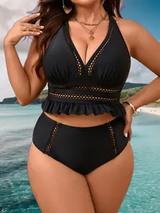 【Plus Size】Solid Color Bikini Set, Tankini Bottoms Set Swimsuit, Casual Fashion Chic Swimsuit for Beach Holiday Vacation, Women's Swimwear for All Seasons