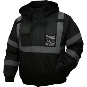 safety jacket for men, Reflective high Visibility Hooded jacket, Hi-Vis Bomber Jacket with Pockets and Zipper, waterproof, Black Bottom, ANSI/ISEA 107-2020 Type R Class 3Gift