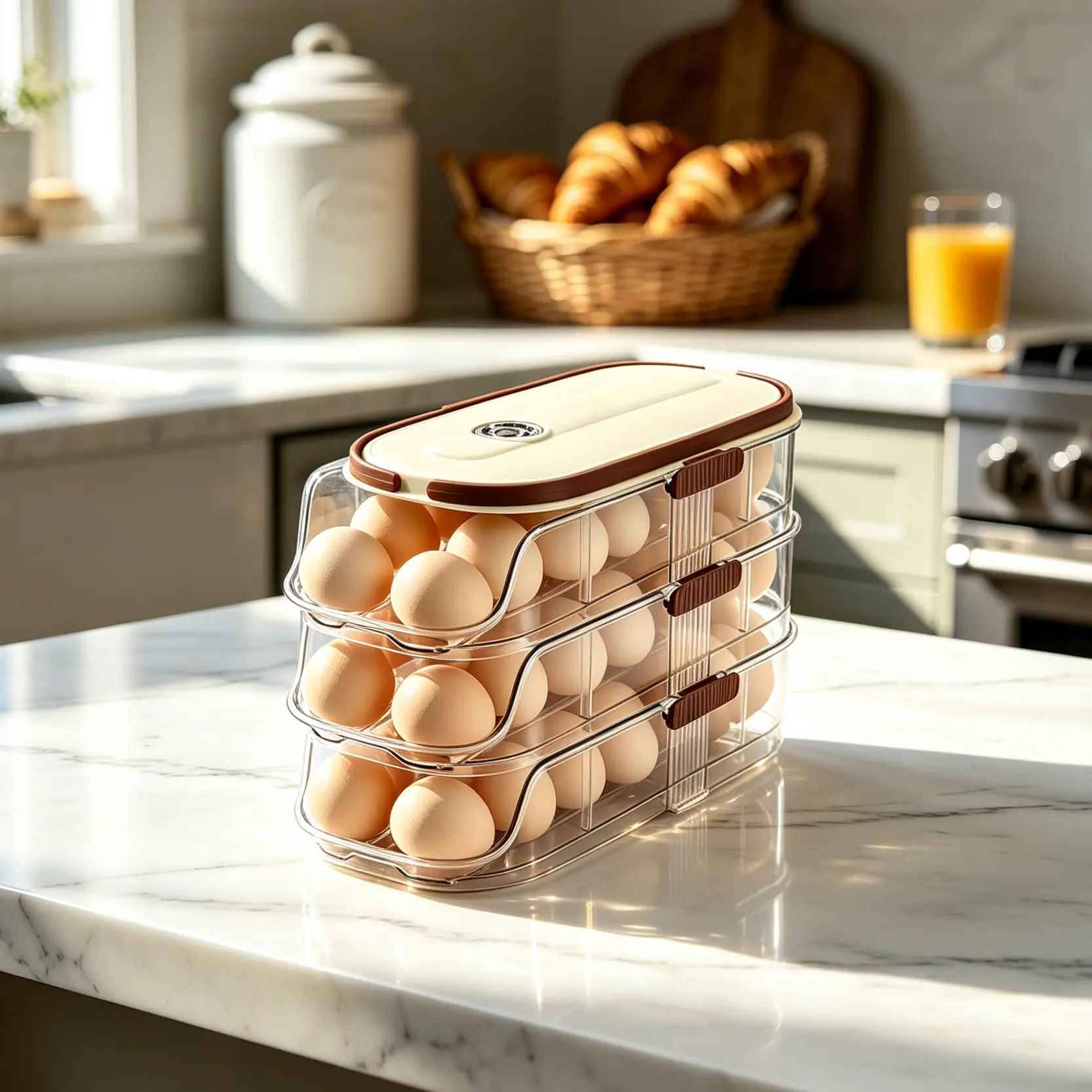 Automatic Rolling Egg Dispenser Organizer for Fridge, Space Saving egg holder – Holds 42 Eggs, with Date Tracker, Lid and Handle, Durable Plastic Storage Rack for Countertop & Cabinet