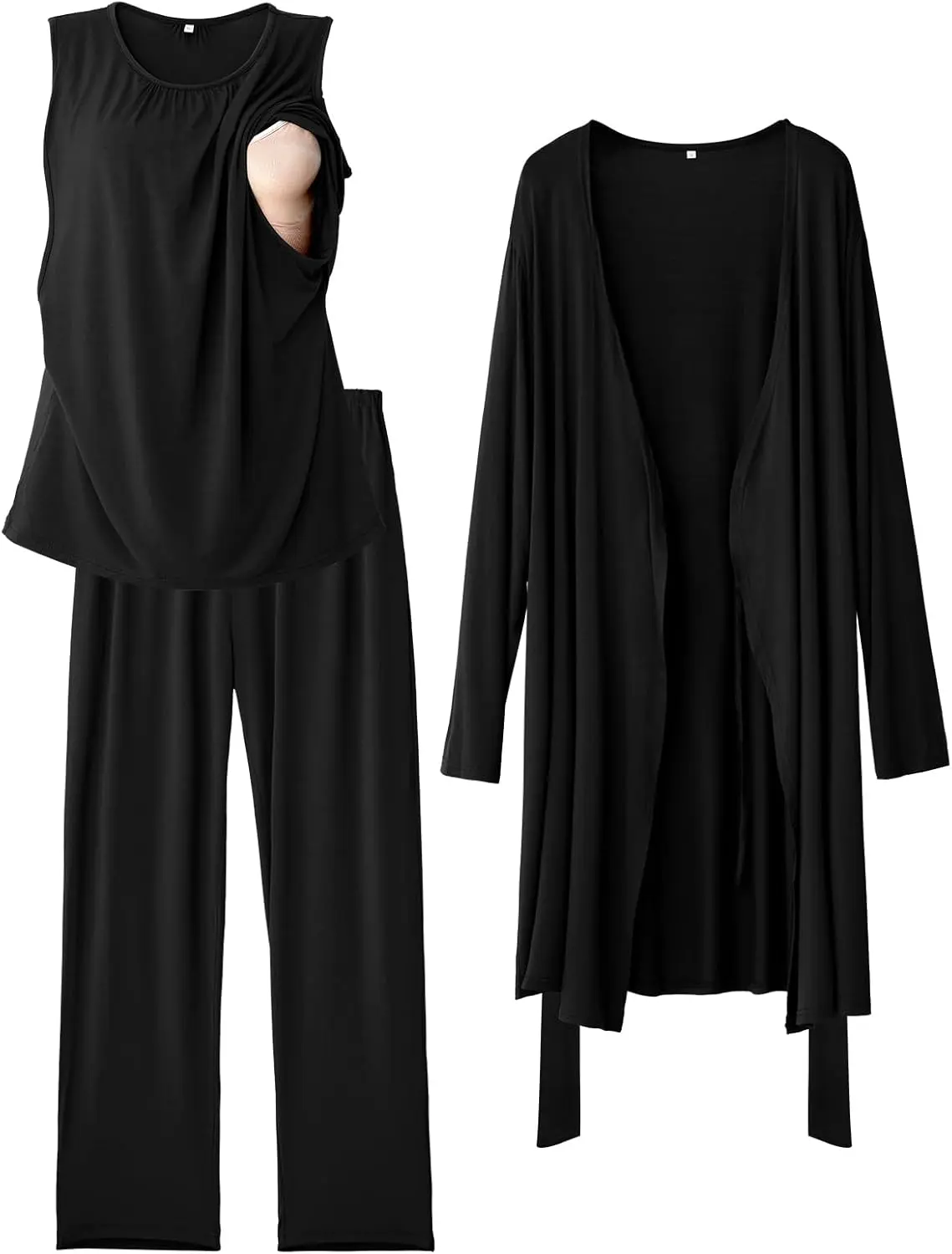 Women's Long Sleeve 3-Piece Nursing Pajama Set - Adjustable Waistband, Breastfeeding Bathrobe, Postpartum Hospital Gown, Baby Shower Gift