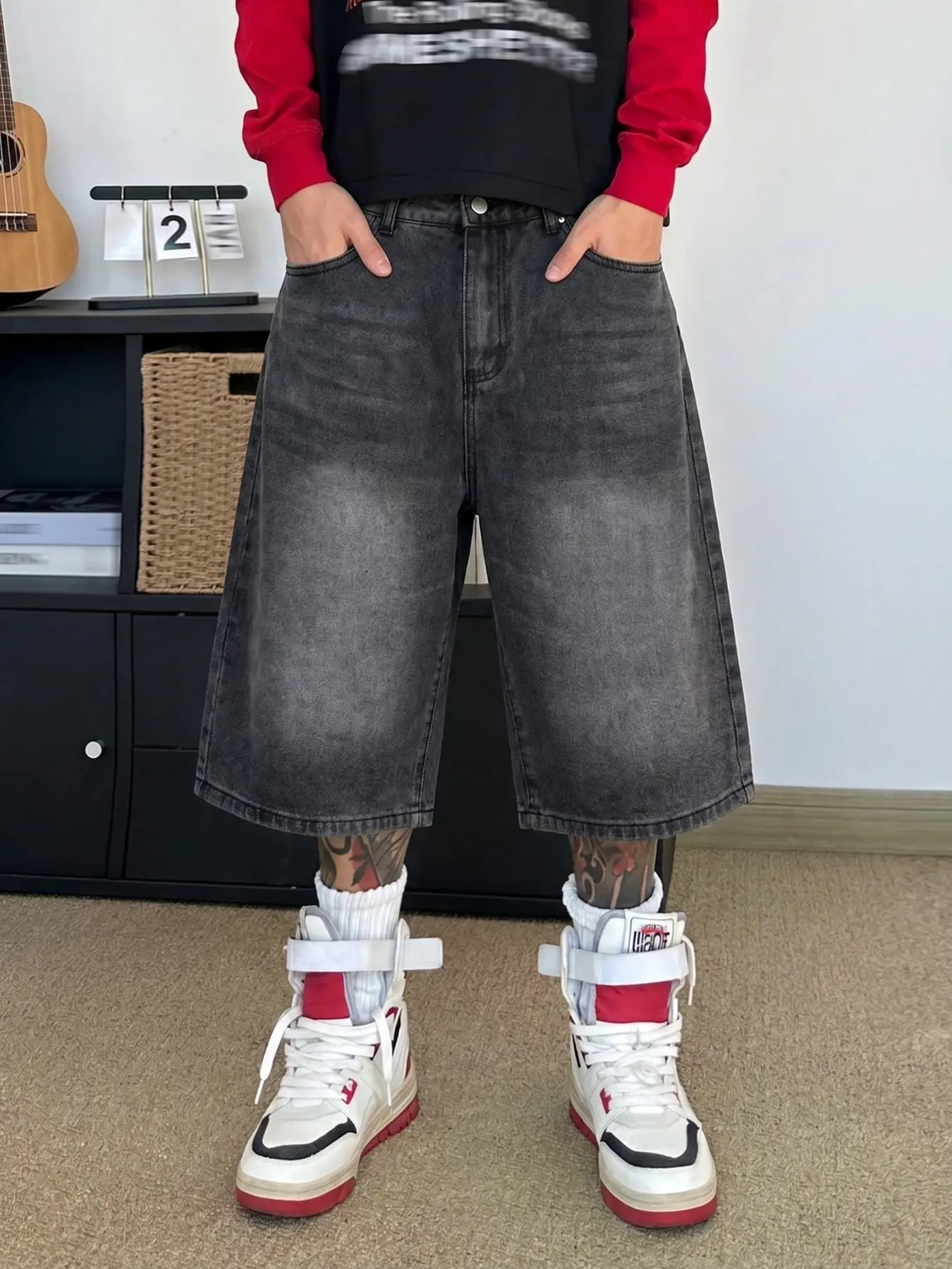 Men's Baggy Denim Jorts, Loose Fit Knee-Length Shorts, Vintage Washed Jeans, Streetwear Casual Fashion Loose Pants for Y2K Hip Hop Style