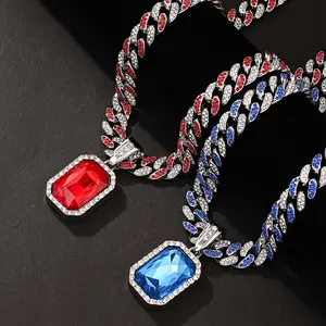 Men'S & Women'S Red & Blue Rhinestones Pendant Necklace with Color-Blocked Cuban Chain - August Birthstone Jewelry, Valentine'S Day Gift, Unisex Luxury Chain for Daily Wear, Parties & Special Occasions - Durable Synthetic Alternative, Year-Round Accessor