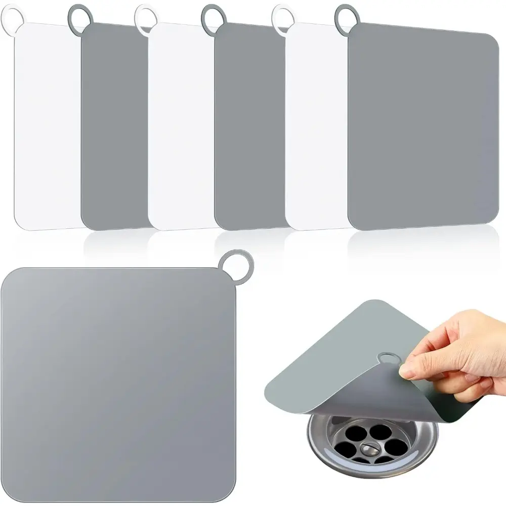 6-Pcs Smooth Silicone Drain Covers - Shower, Bathtub, Wash Basin Use, with Anti-Odor Mat, Bug-Proof Stopper, Flat Seal Leak Prevention Plugs (Grey and White, 5.79x5.79 in), Floor