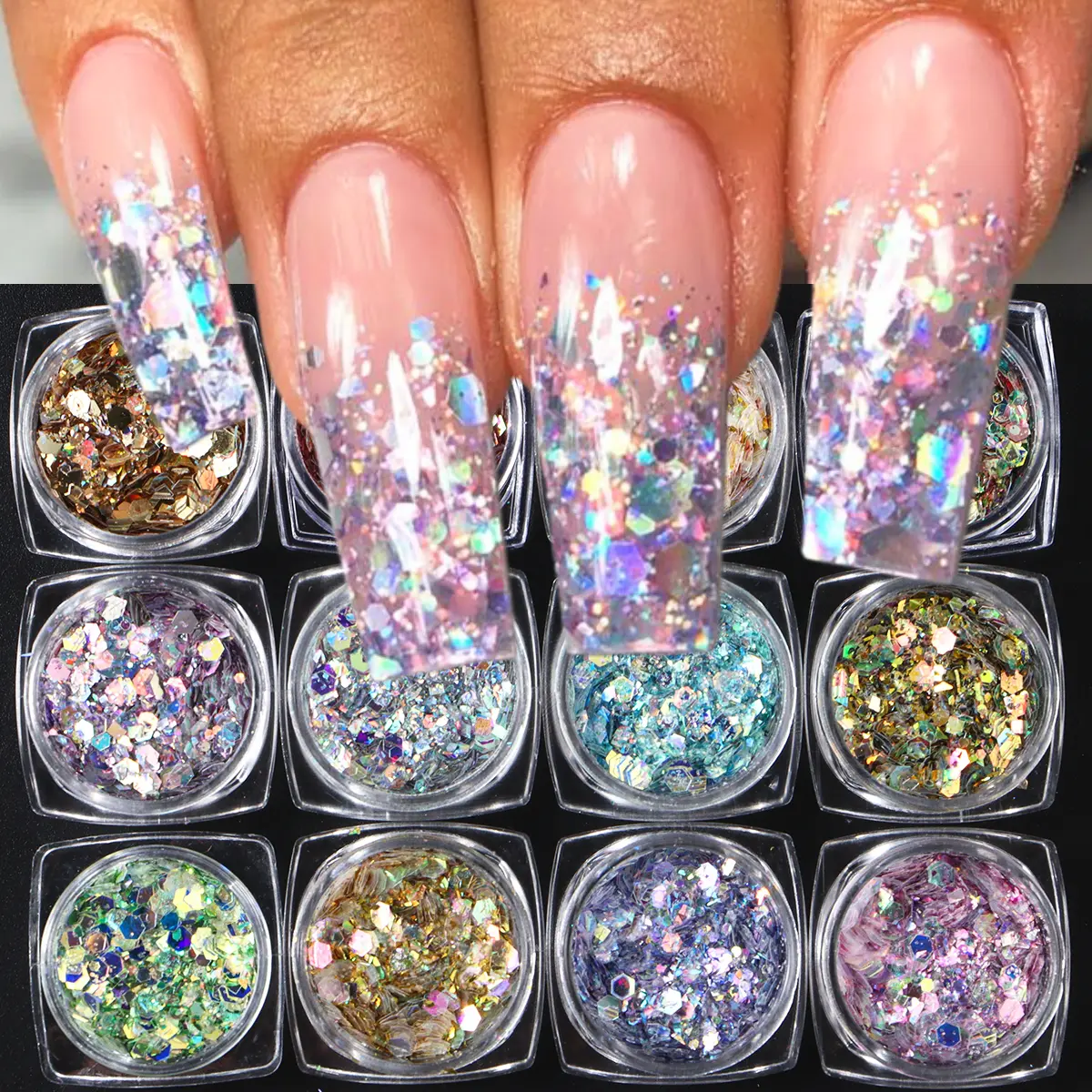 12-Color Bedazzling Glitter Kit, Chunky Holographic & Iridescent Hexagon Sequins for Gel Nail Art, Epoxy Resin, and DIY Accessories, Nail Tech