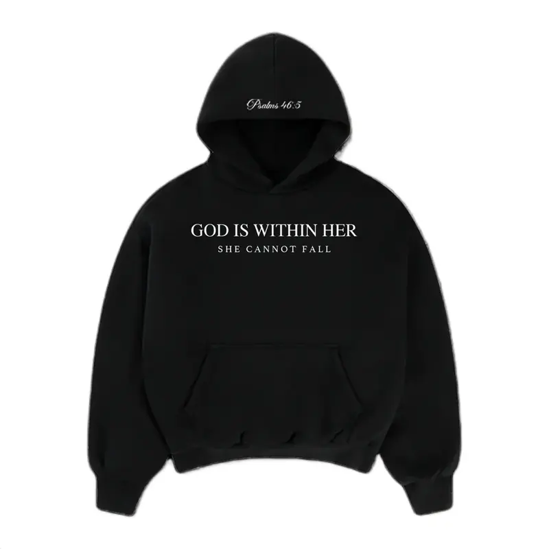 Psalm 46:5 Heavy Sweater - Black Hoodie with Inspirational Text 'God Is Within Her She Cannot Fall' Embroidered Psalms