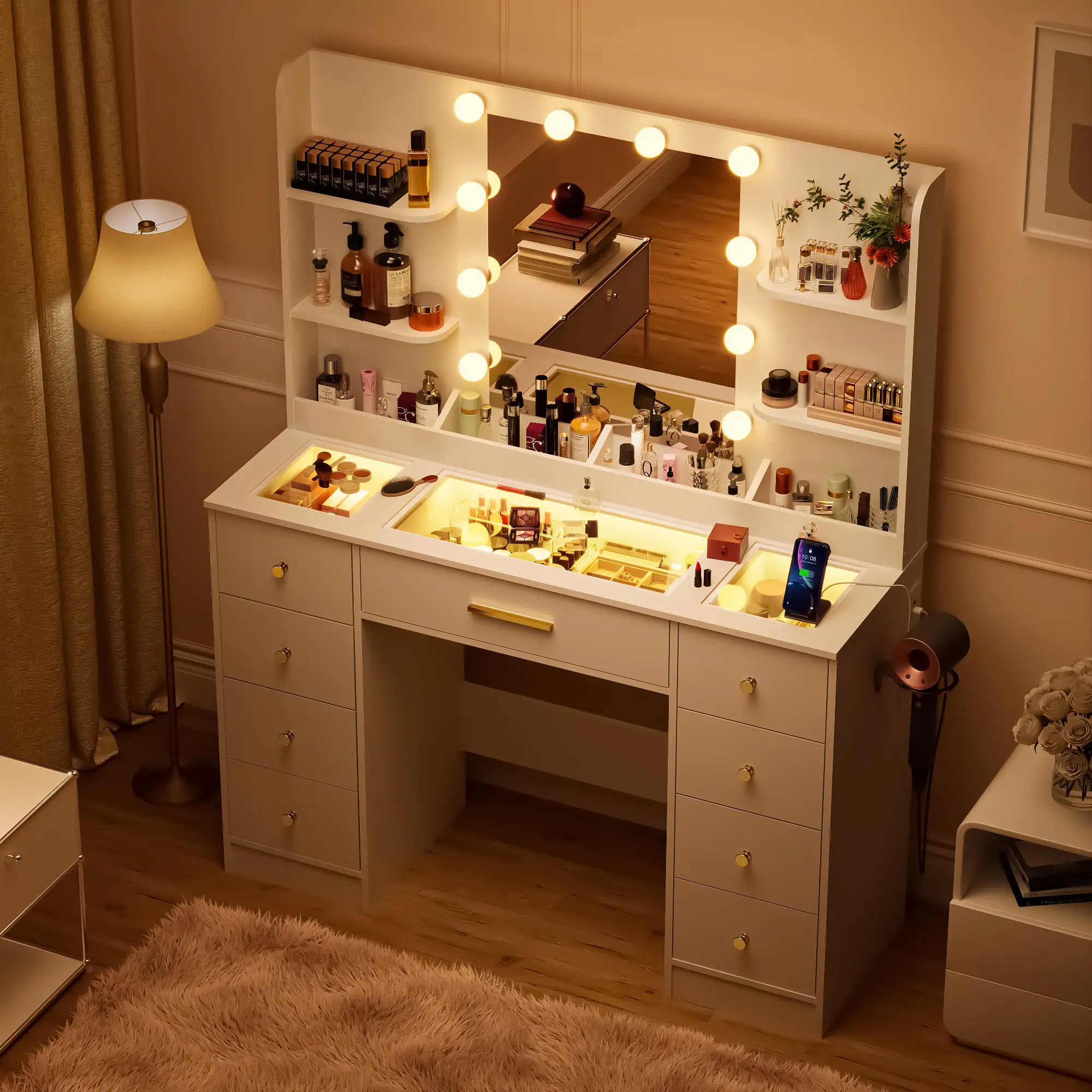 Modern Glass Top Vanity Set with Large Mirror, Drawers, Power Outlet, 3 Color Adjustable Lighting for Bedroom, Valentines Day Gifts