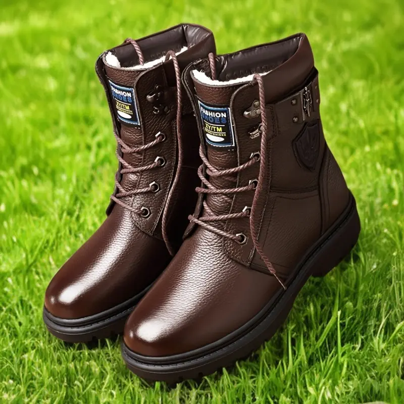 Durable Anti-Slip Rubber Sole Men's Winter Chukka Boots - Classic Casual Outdoor High-Top with Plush Lining, Solid Color Lace-Up Round Toe PU Ankle Boots - Versatile Hiking & Everyday Motorcycle Style Boot for Men, Thick Boy Shoe