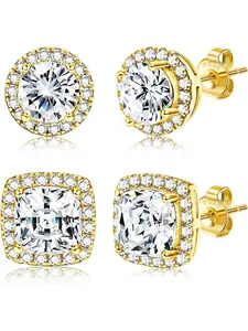 Plated Halo Stud Earrings, 925 Sterling Silver Cubic Zirconia, Round & Square Design, Unisex Jewelry Gift Set