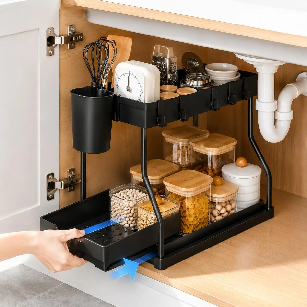 White 2-Tiered Under Sink Cabinet-Rack with Smooth Sliding Drawers - 1 Pack Metal Frame Organizer, 40lb Capacity, 14.7x8.2x13.4", Expandable, Quick-Easy Assembly for Kitchen Organization, Bathroom