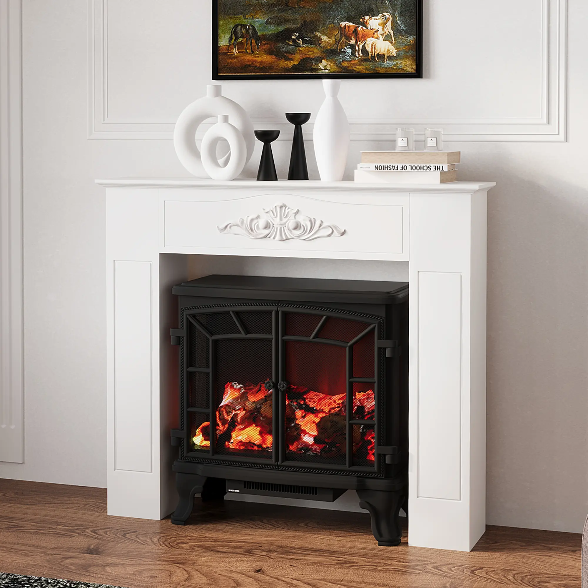 Freestanding Fireplace Surround – Modern Fireplace Mantel with Legs for Electric Fireplaces. 44.7"W x 9.3"D x 40"H. 66 lbs Capacity. Anti-Tipping Kit. White