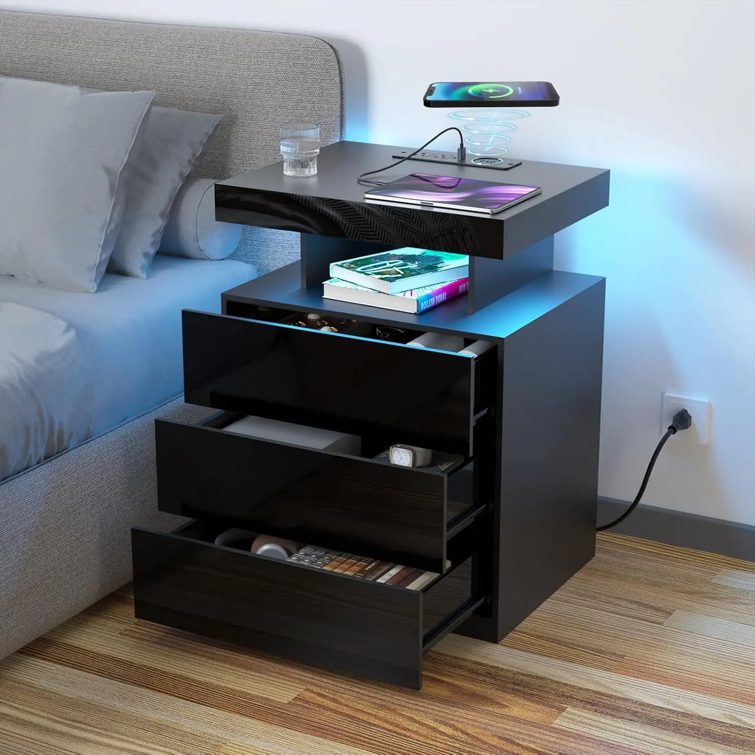 HOMMPA LED Nightstand with Wireless Charging Station & USB Ports, Modern Bedside Table, 3 Drawer Black Night Stand with Open Compartment, Smart Nightstand High Gloss Surface for Bedroom