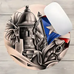 Puerto Rican Vintage Design Round Gaming Mouse Pad, Aesthetic Desktop Protective Pad, Desktop Accessory, Rubber Anti-slip Lockedge Work Pad, Made for gaming, Small Size Suitable for Laptop, Desktop Computer Games, Work, Family