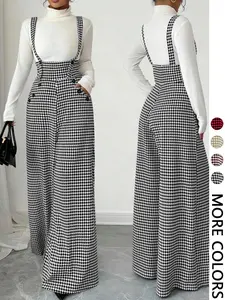 Women's Button Strap Shoulder Straps Straight Leg Loose Suspender Pants Jumpsuit, Casual Fashion Versatile Commuter Wear, 1 Piece