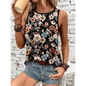 Women's Casual Floral Round Neck Sleeveless Tank Top, Suitable For Autumn Fabric Fit