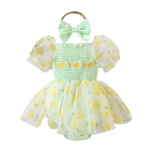 Cute Lemon Print Baby Dress with Ruffled Sleeves and Matching Bow Headband Green Checkered Tutu Romper for Girls Summer Outfit