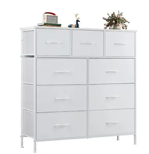 Fabric Storage Dresser with 9 Drawers, Steel Frame and Wooden Top for Bedroom, Closet and Entryway , White