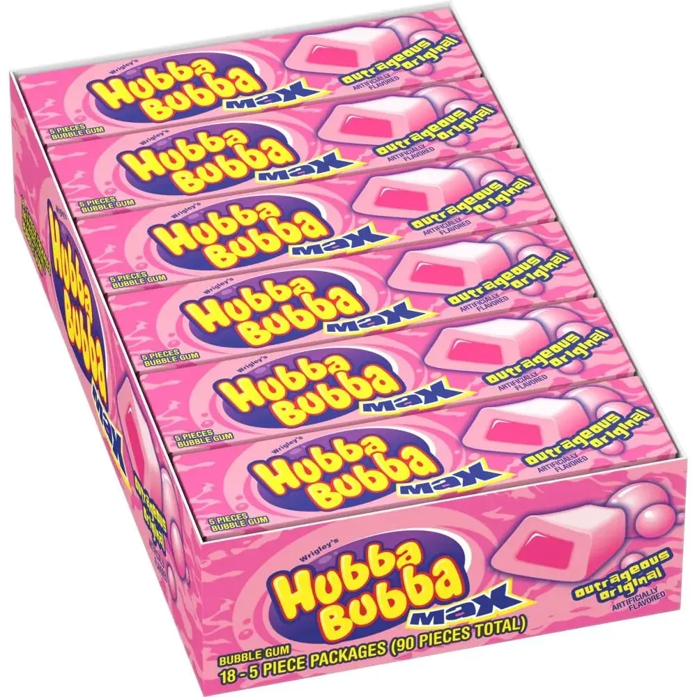 Hubba Bubba Max Original Flavor Bubble Gum - Includes Lecithin, Contains Aspartame & Acesulfame Potassium, With Glycerin, 18-5-Piece Packs (90 Individual Wrap Pieces), Ambient Soft Chewy Snack