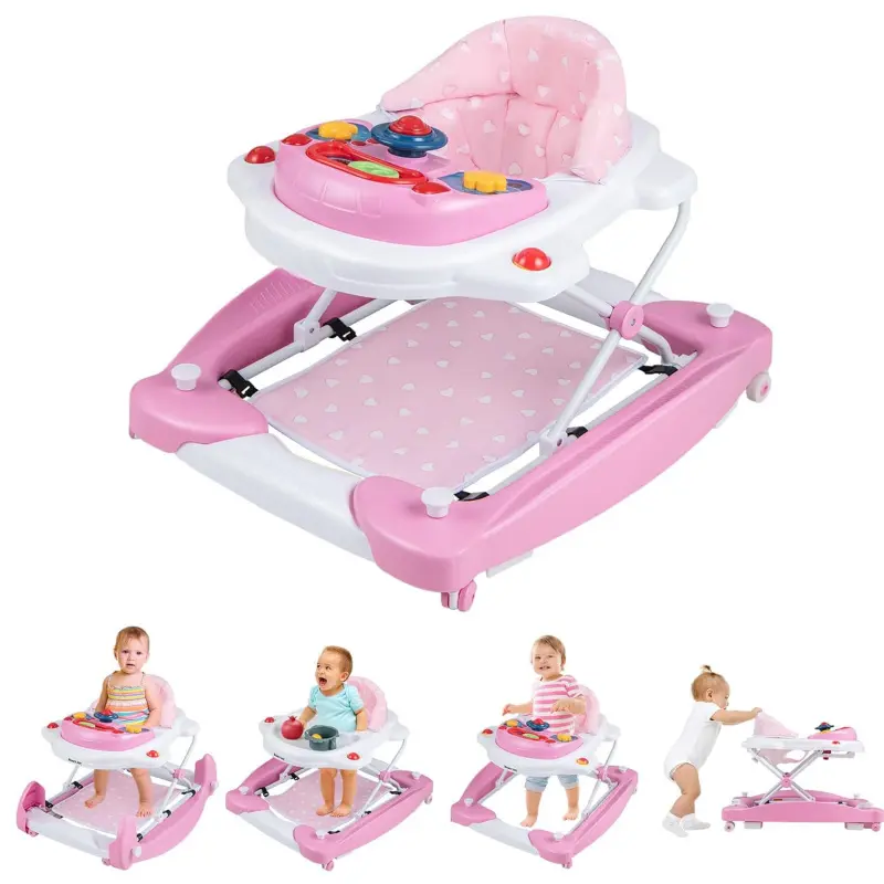 Unisex 6-in-1 Foldable Baby Walker & Bouncer Combo, Multi-Mode Infant Activity Walker with Wheels, Adjustable Heights, Rocker, Music & Lights, for 7-14 Months Infants