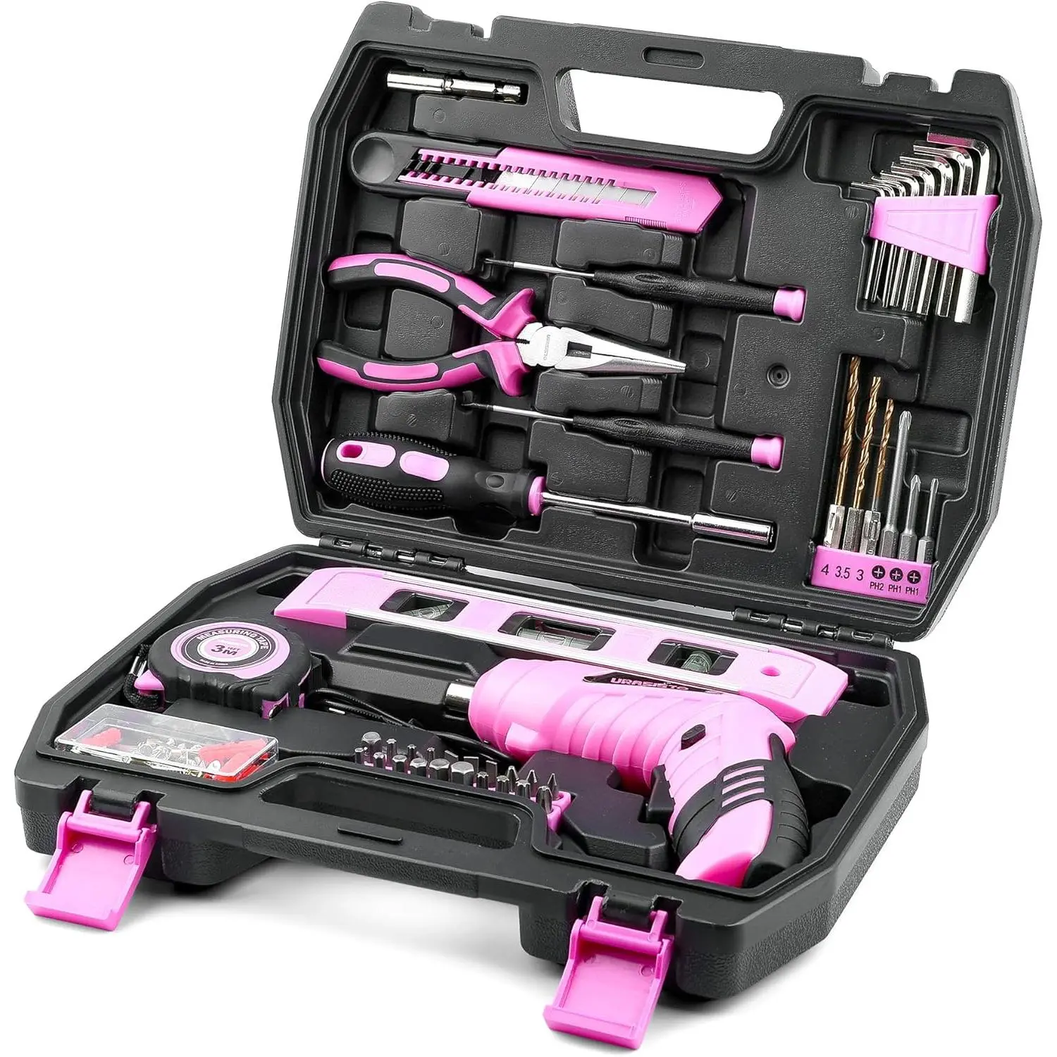 Unisex Classic 123-Piece Pink Combo Tool Set with 3.6V USB Lithium-Ion Speed Driver, Tape Measure, Torpedo, Screwdriver, Hand for Wood/Projects
