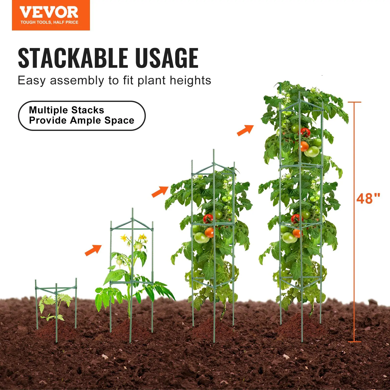 【Summerfinds】VEVOR 6 Packs Tomato Cages for Garden 48 inch Tomato Trellis Plant Stakes SupportStackable Tall Plant Support Cagefor Raised Garden BedVegetables Flowers and Climbing Plants
