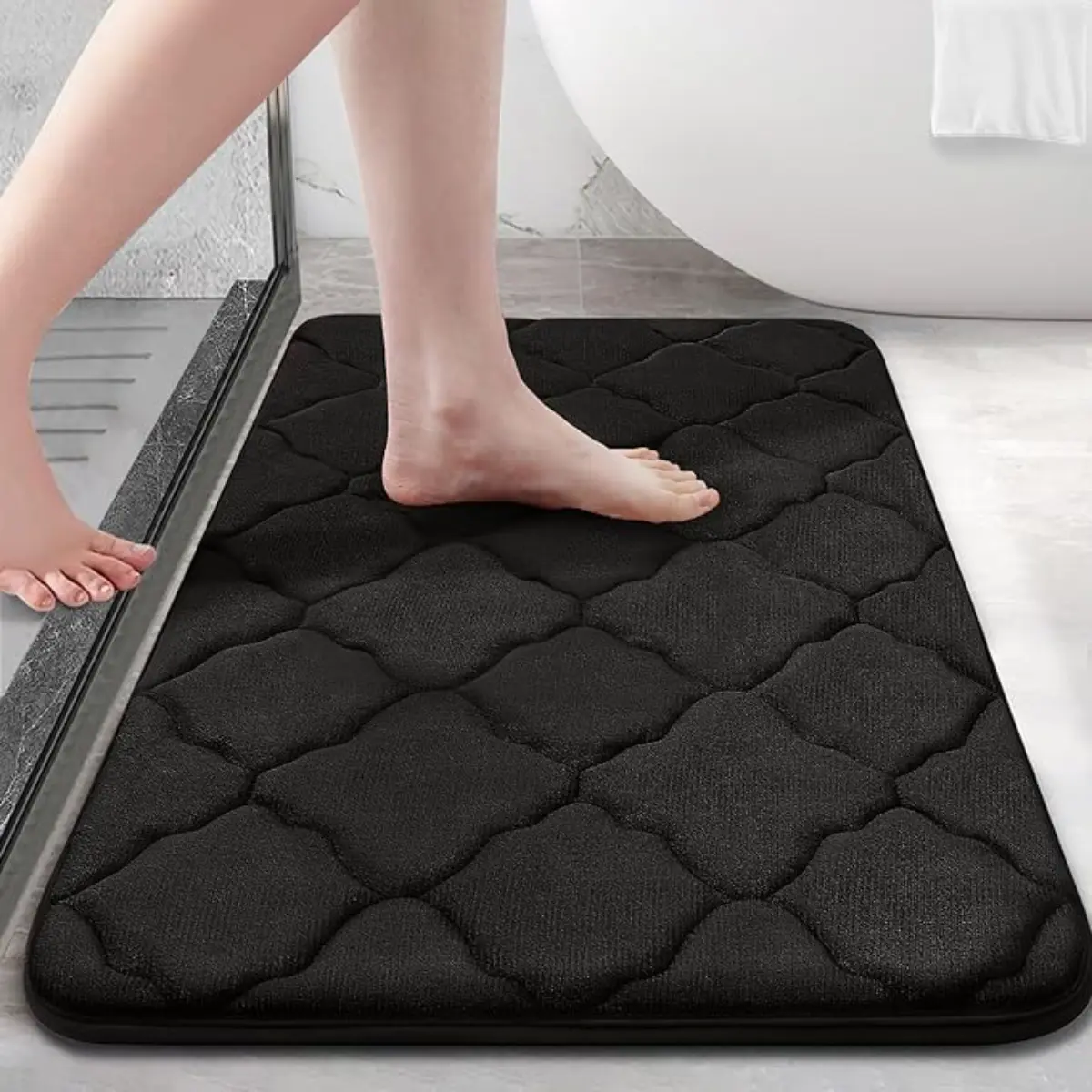 Thick Modern Memory Foam Bath Mat (24x16in) - Ultra Soft, Non-Slip, Non-Absorbent Bathroom Rug for Bathtub, Shower, Home Decor, Machine Wash & Dry, Black