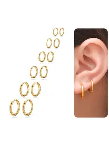 6 Pairs Stainless Steel Huggie Hoop Earrings Cartilage Helix Lobes Hinged Sleeper Tiny Hoops Earrings For Men Women 6/8/10/12/14/16mm Gold Silver Tone Versatile Earrings Hoop Earring Sets