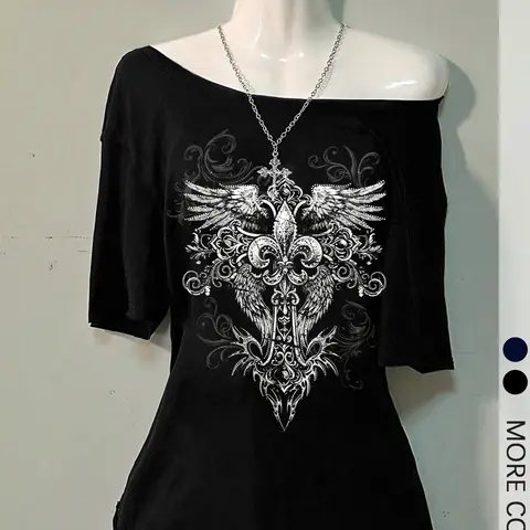 Women's Wing Print & Gothic Style Print Regular Fit Asymmetrical Neckline Knit T-Shirt, Casual Gothic Fitted Top For All Seasons, Women's Graphic Tee for Outing And Daily Wear, Fitted Casual Fashion, Fabric