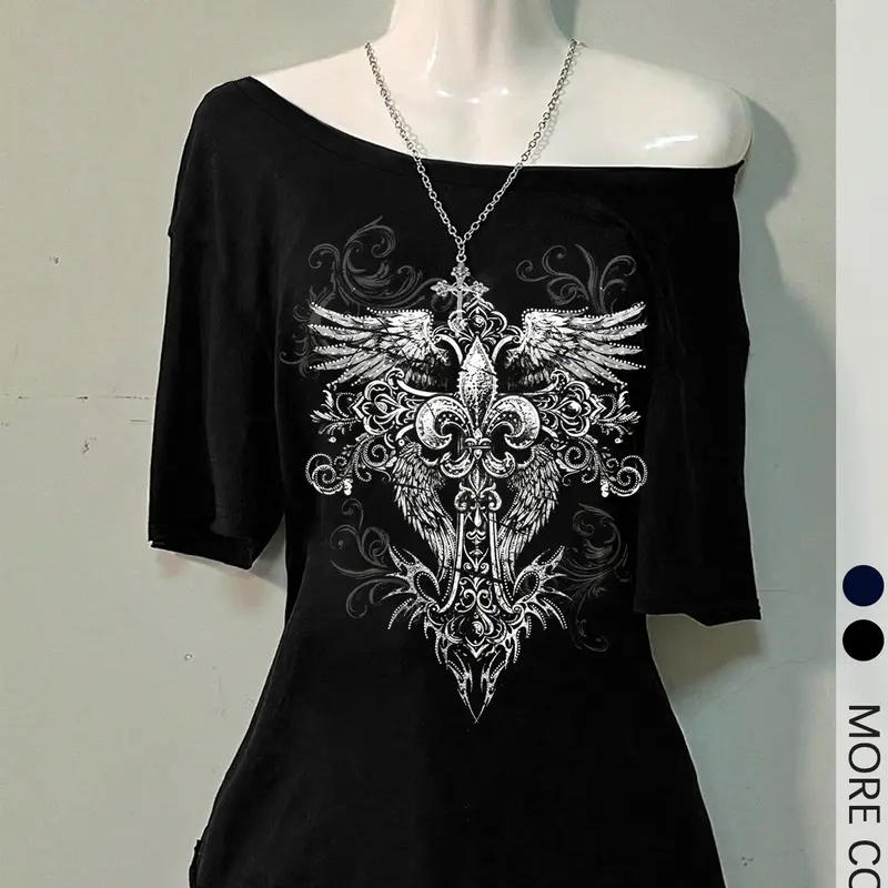 Women's Wing Print & Gothic Style Print Regular Fit Asymmetrical Neckline Knit T-Shirt, Casual Gothic Fitted Top For All Seasons, Women's Graphic Tee for Outing And Daily Wear, Fitted Casual Fashion, Fabric