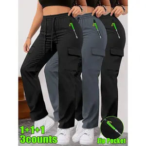3-Pack Multi-Pocket Cargo Pants - Adjustable Drawstring Waist, Non-Stretch Machine Washable, All-Season Outdoor/Casual Utility Trousers