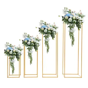 CNCEST Gold Wedding Flower Stand Set of 4 - 15.74inch/23.62inch/31.49inch/39.37inch Tall Modern Rectangular Metal & Plastic Geometric Vase for Floral Arrangements & Party Events