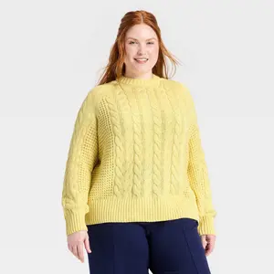 Women's Round Neck Cable Sweater - A New Day Yellow XXL