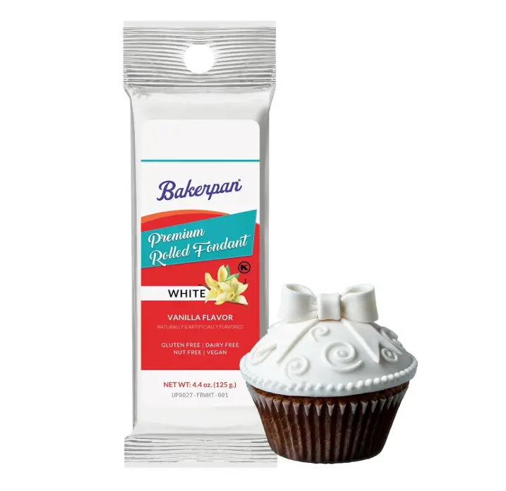 Bakerpan Premium Rolled White Fondant for Cake Decorating, Vanilla Flavor - 4.4 Ounces (Made in USA)